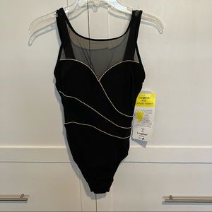 Longitude Tummy Control Black and Gold One Piece Swimsuit, Size 8